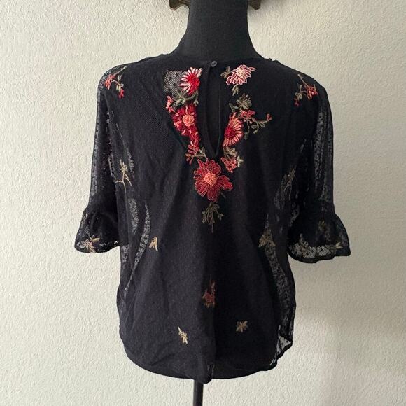 MAEVE by ANTHROPOLOGY A-Line Embroidered Mesh Floral Tunic Blk SzS Dark Witchy - Picture 3 of 10